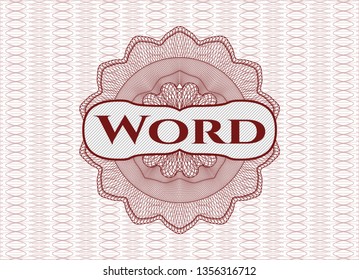 Red rosette or money style emblem with text Word inside