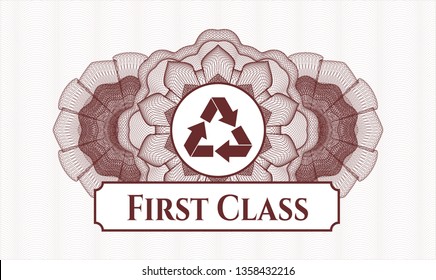 Red rosette (money style emblem) with recycle icon and First Class text inside