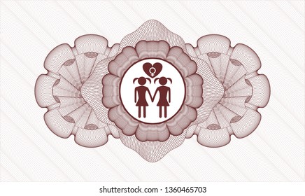 Red rosette (money style emblem) with lesbian love icon inside