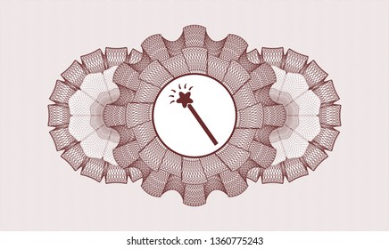 Red rosette or money style emblem with magic stick icon inside