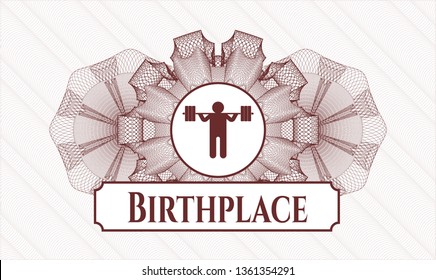 Red rosette or money style emblem with squat icon and Birthplace text inside