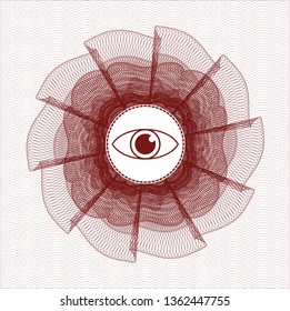 Red rosette or money style emblem with eye icon inside