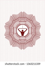 Red rosette or money style emblem with lat pull down, exercise icon inside