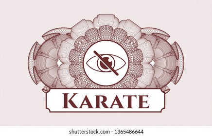 Red rosette or money style emblem with blind icon and Karate text inside