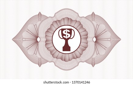 Red rosette (money style emblem) with trophy with money symbol inside icon inside