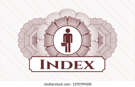 Red rosette or money style emblem with businessman holding briefcase icon and Index text inside