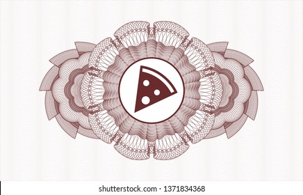 Red rosette (money style emblem) with pizza slice icon inside
