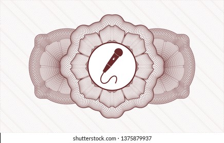 Red rosette (money style emblem) with microphone icon inside