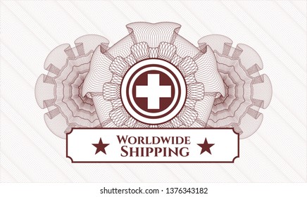 Red rosette or money style emblem with medicine icon and Worldwide Shipping text inside