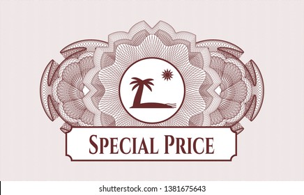 Red rosette or money style emblem with beach icon and Special Price text inside