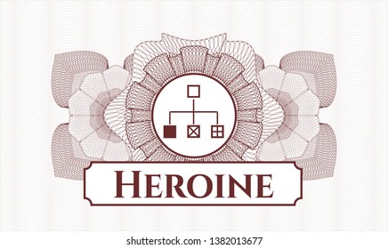Red rosette (money style emblem) with flowchart icon and Heroine text inside