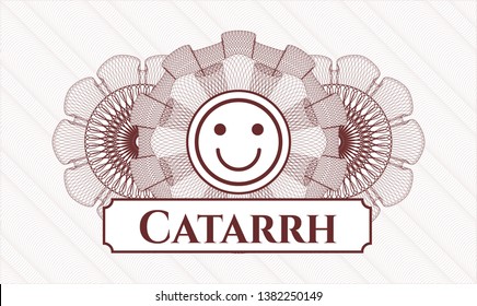 Red rosette or money style emblem with happy face icon and Catarrh text inside