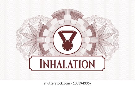 Red rosette or money style emblem with medal icon and Inhalation text inside