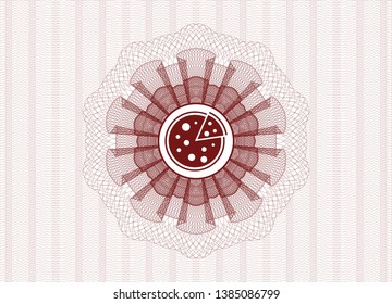 Red rosette or money style emblem with pizza icon inside