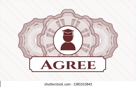 Red rosette (money style emblem) with graduation icon and Agree text inside