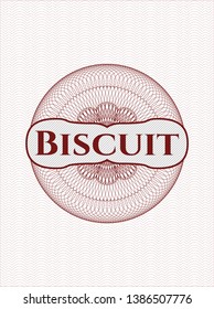 Red rosette or money style emblem with text Biscuit inside