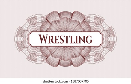 Red rosette or money style emblem with text Wrestling inside