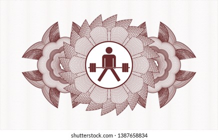Red rosette or money style emblem with sumo deadlift icon inside