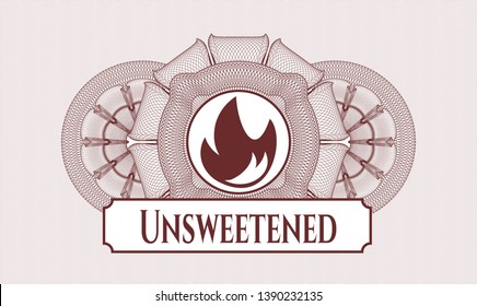Red rosette or money style emblem with fire icon and Unsweetened text inside