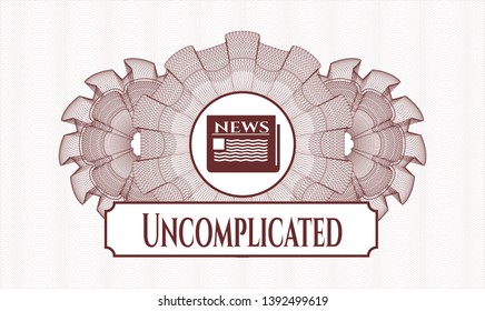 Red rosette or money style emblem with newspaper icon and Uncomplicated text inside