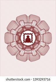 Red rosette or money style emblem with picture icon inside