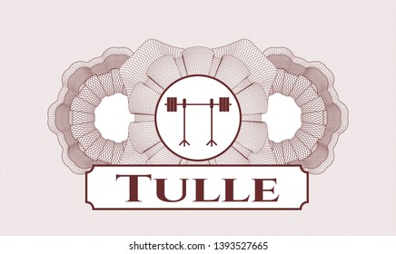 Red rosette (money style emblem) with barbell on rack icon and Tulle text inside