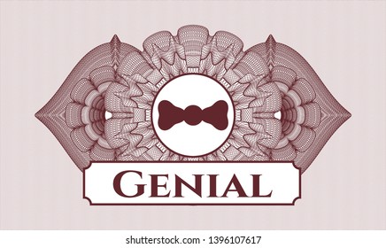 Red rosette or money style emblem with bow tie icon and Genial text inside