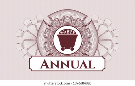 Red rosette or money style emblem with Bitcoin mining trolley icon and Annual text inside