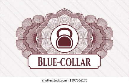 Red rosette or money style emblem with kettlebell icon and Blue-collar text inside