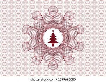 Red rosette or money style emblem with christmas tree icon inside
