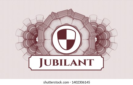Red rosette (money style emblem) with shield, safety icon and Jubilant text inside