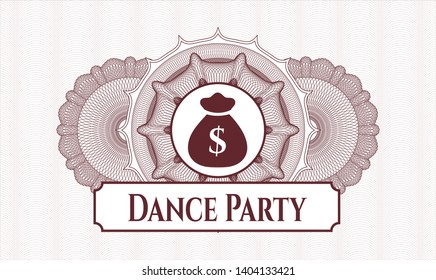Red rosette or money style emblem with money bag icon and Dance Party text inside