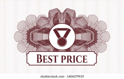 Red rosette (money style emblem) with medal icon and Best Price text inside