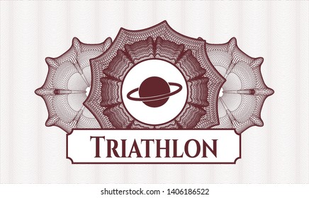 Red rosette or money style emblem with planet, saturn icon and Triathlon text inside
