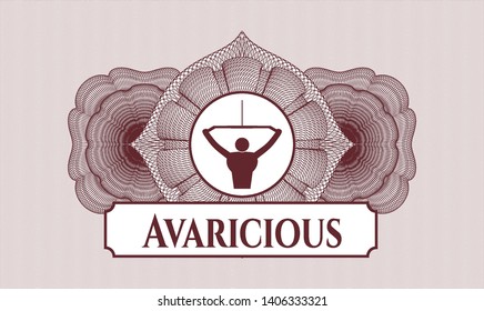 Red rosette or money style emblem with lat pull down, exercise icon and Avaricious text inside