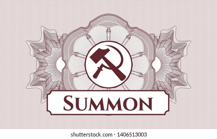 Red rosette or money style emblem with sickle and hammer icon and Summon text inside