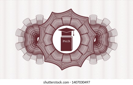 Red rosette or money style emblem with Phd thesis icon inside
