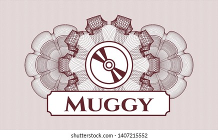Red rosette or money style emblem with CD or DVD disc icon and Muggy text inside