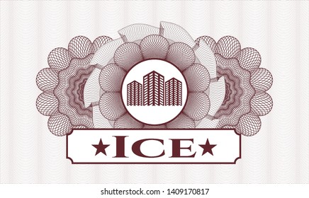 Red rosette (money style emblem) with buildings icon and Ice text inside