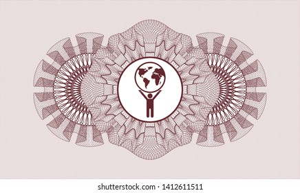Red rosette or money style emblem with man lifting world icon inside