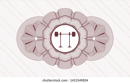 Red rosette (money style emblem) with barbell on rack icon inside
