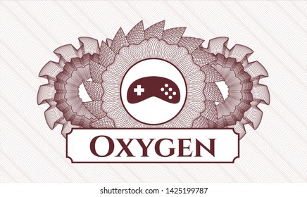 Red rosette (money style emblem) with video game icon and Oxygen text inside