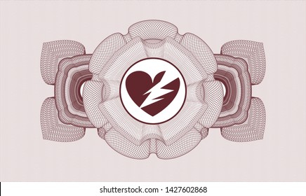 Red rosette or money style emblem with broken heart icon inside