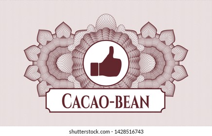 Red rosette (money style emblem) with like icon and Cacao-bean text inside