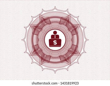 Red rosette (money style emblem) with man working on computer icon inside