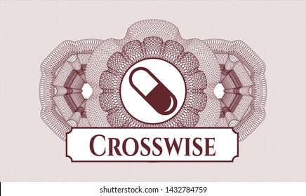 Red rosette (money style emblem) with pill icon and Crosswise text inside