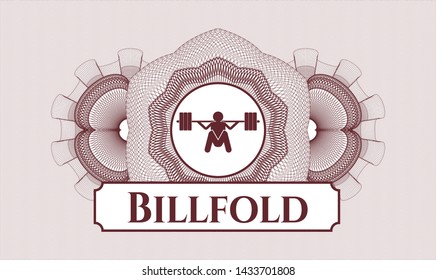 Red rosette or money style emblem with deep squat icon and Billfold text inside