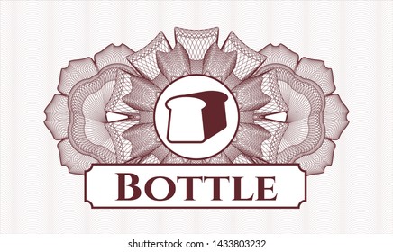 Red rosette or money style emblem with bread icon and Bottle text inside