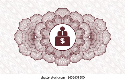 Red rosette (money style emblem) with man working on computer icon inside