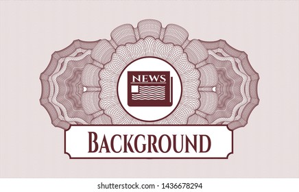 Red rosette or money style emblem with newspaper icon and Background text inside
